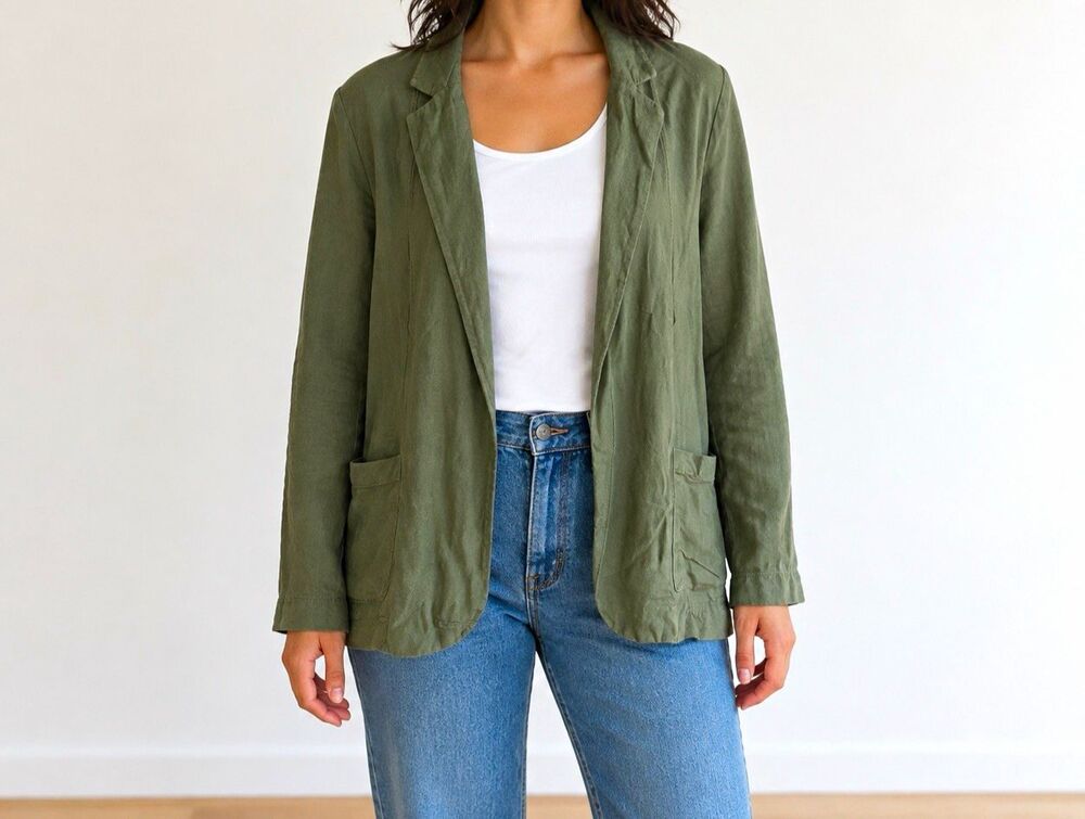 Old Navy Womens Green Solid Open Front Blazer Jacket Pockets Long Sleeve M